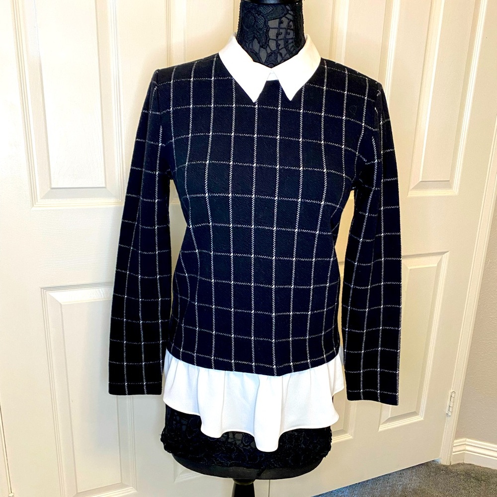 Loft, mixed media, long sleeved top with collar and ruffled hem. Size XS